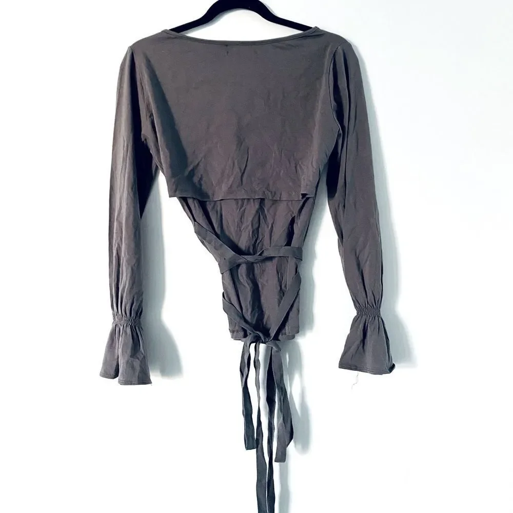 Mustard Seed Top Gray Medium Blouse Open Cut Out Back Ruffle Boho Long Sleeve - Picture 3 of 3
